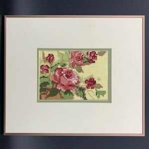 Vintage Framed Cross Stitch “A Tisket A Tasket” Floral Wall Art NOS